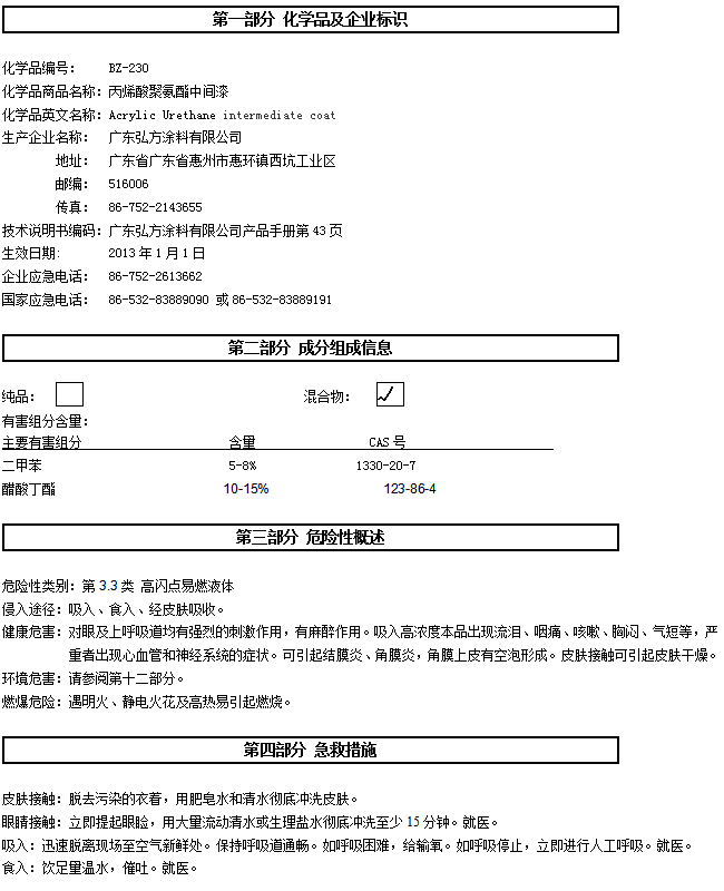 BZ-230 丙烯酸聚氨酯中間漆認(rèn)證